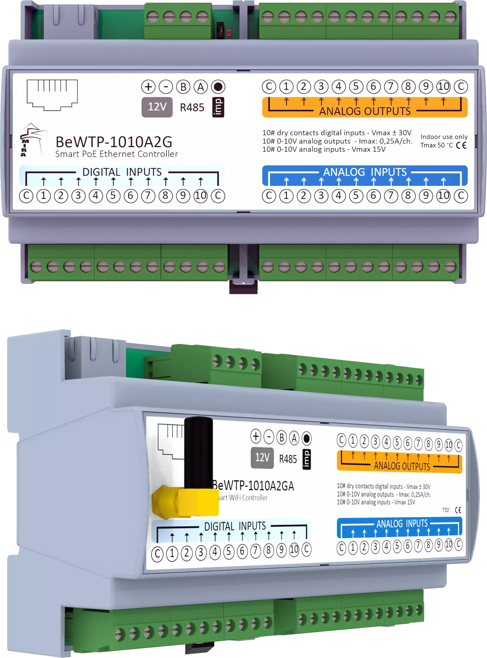 MIRA - Ethernet WiFi I/O Module BeWTP-1010A2G w Modbus TCP MQTT Protocols, RJ45, RS485
