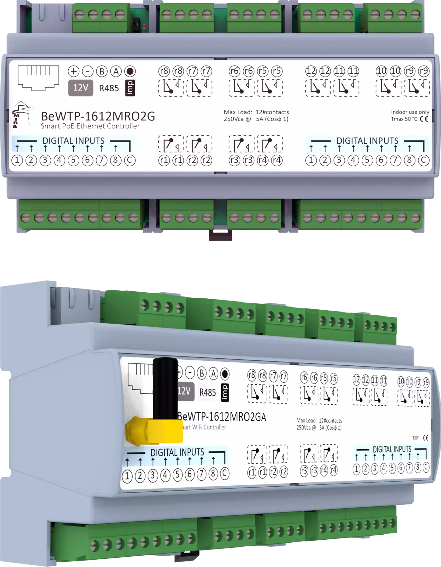 MIRA - Ethernet WiFi I/O Module BeWTP-1612MRO2G w Modbus TCP MQTT Protocols, RJ45, RS485