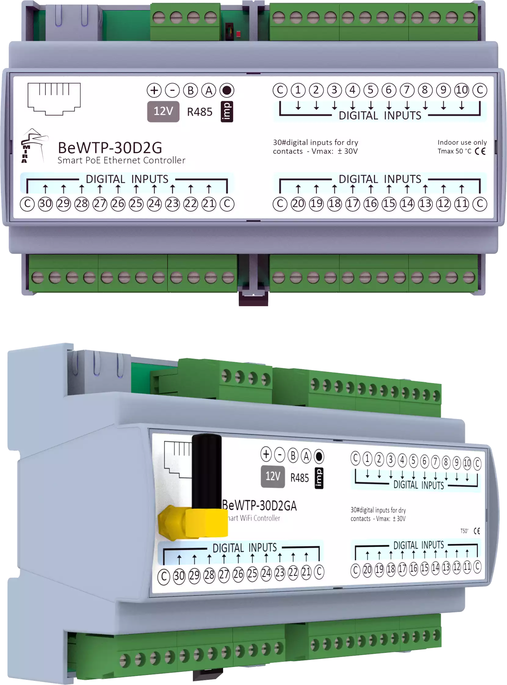 MIRA - Ethernet WiFi I/O Module BeWTP-30D2G w Modbus TCP MQTT Protocols, RJ45, RS485