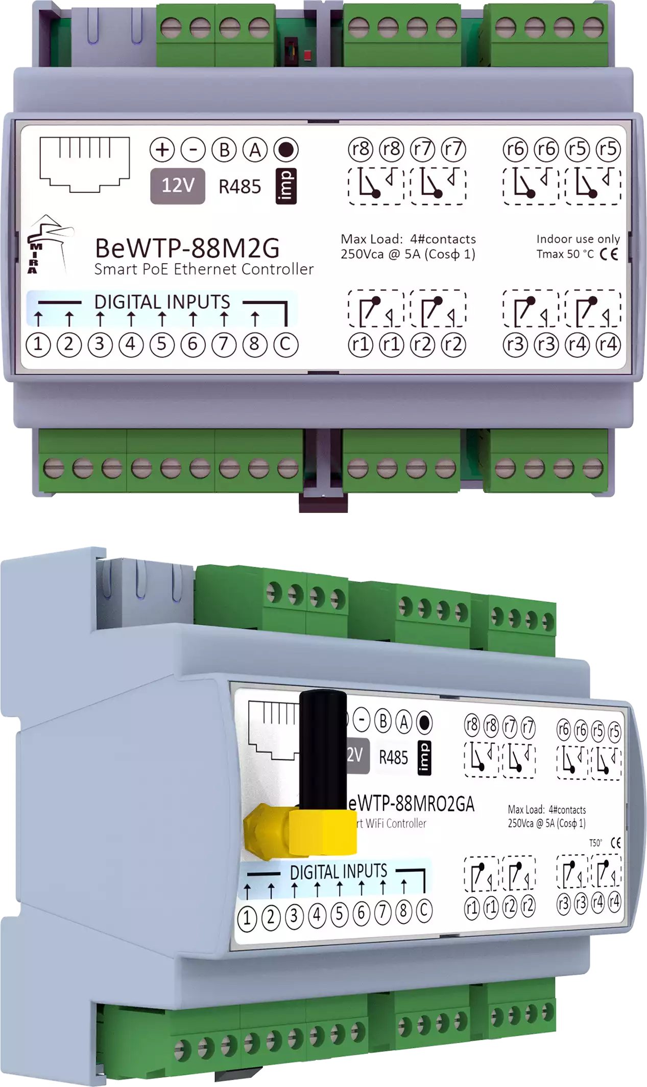 MIRA - Ethernet WiFi I/O Module BeWTP-88M2G w Modbus TCP MQTT Protocols, RJ45, RS485