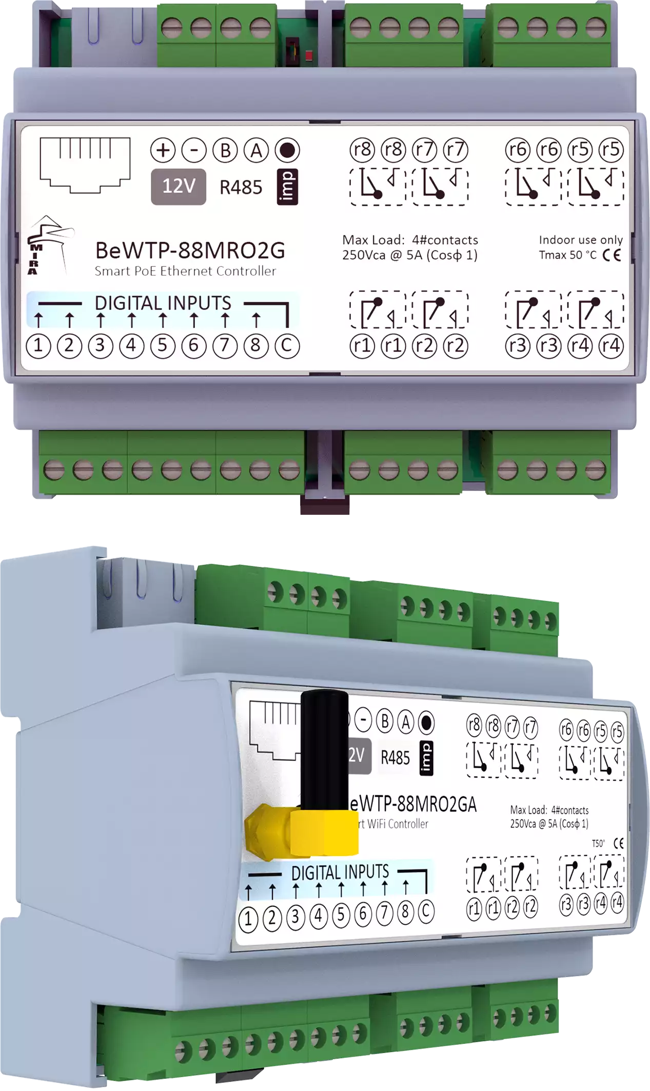 MIRA - Ethernet WiFi I/O Module BeWTP-88MRO2G w Modbus TCP MQTT Protocols, RJ45, RS485