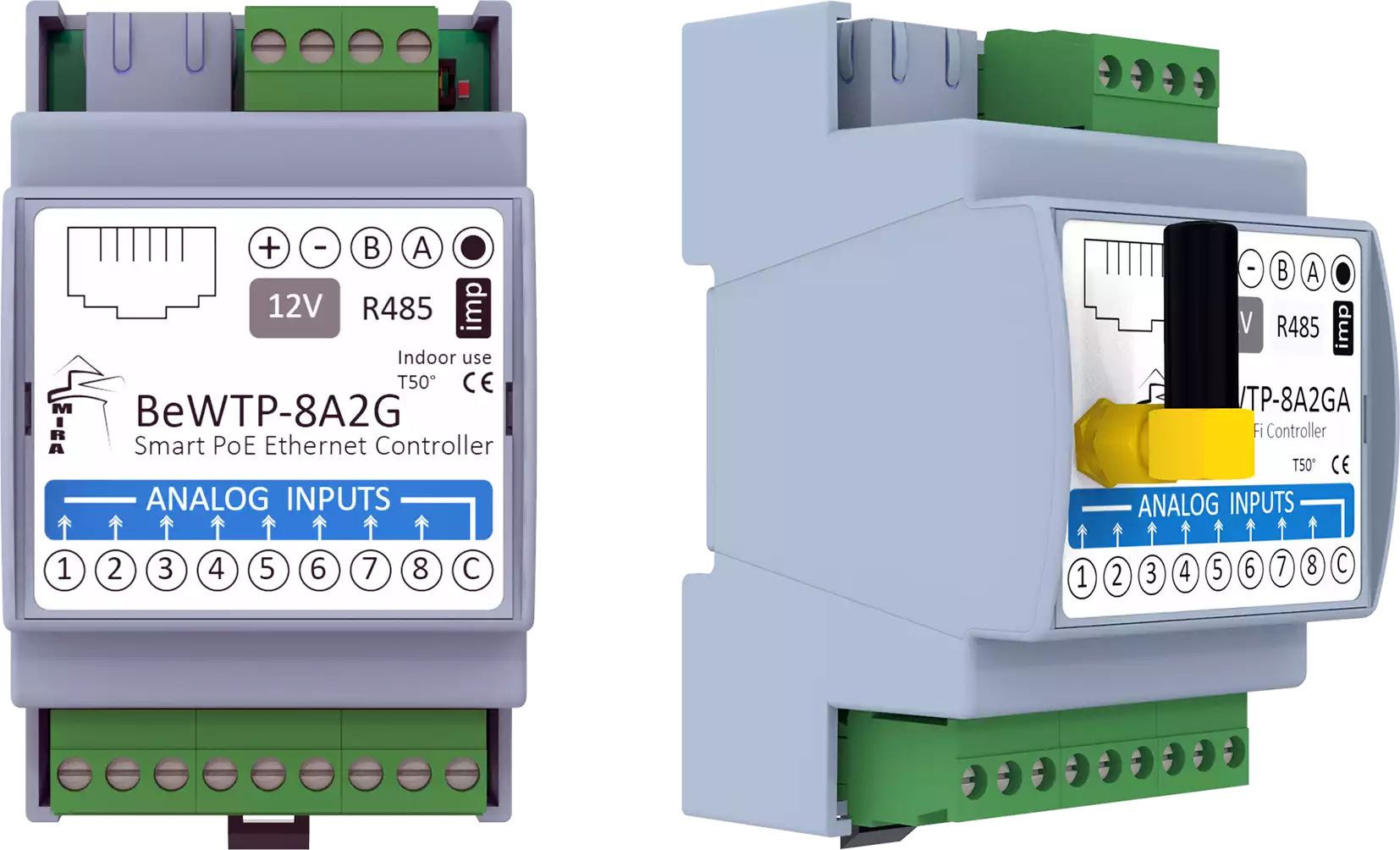 MIRA - Ethernet WiFi I/O Module BeWTP-8A2G w Modbus TCP MQTT Protocols, RJ45, RS485