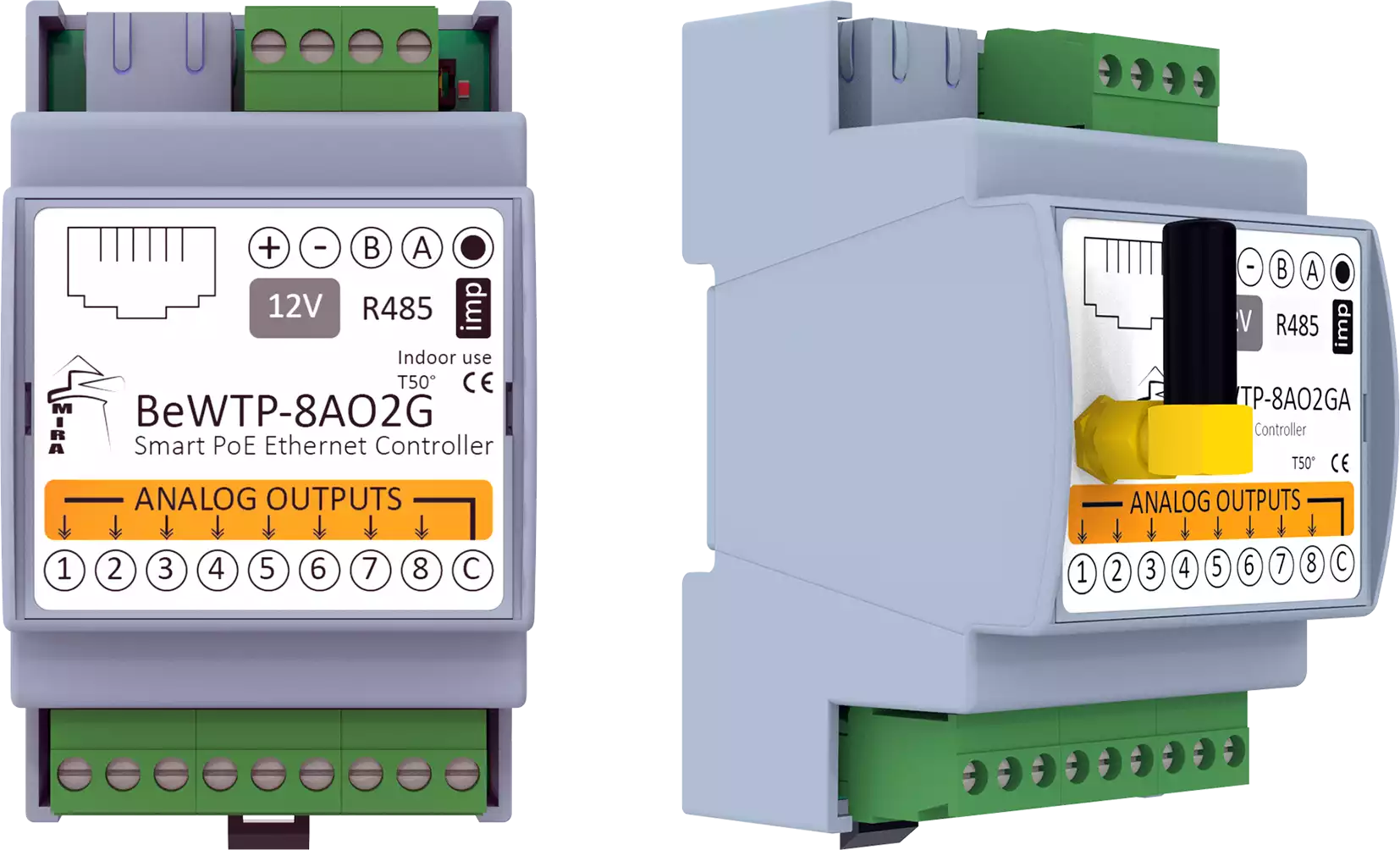 MIRA - Ethernet WiFi I/O Module BeWTP-8AO2G w Modbus TCP MQTT Protocols, RJ45, RS485
