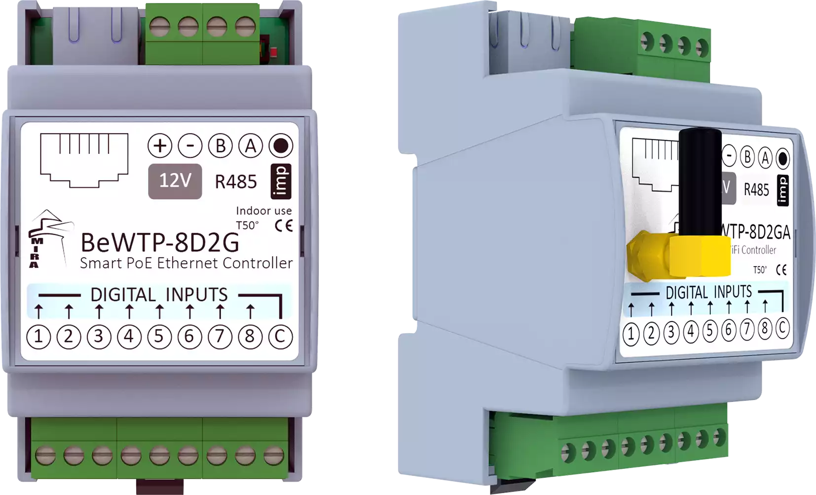 MIRA - Ethernet WiFi I/O Module BeWTP-8D2G w Modbus TCP MQTT Protocols, RJ45, RS485