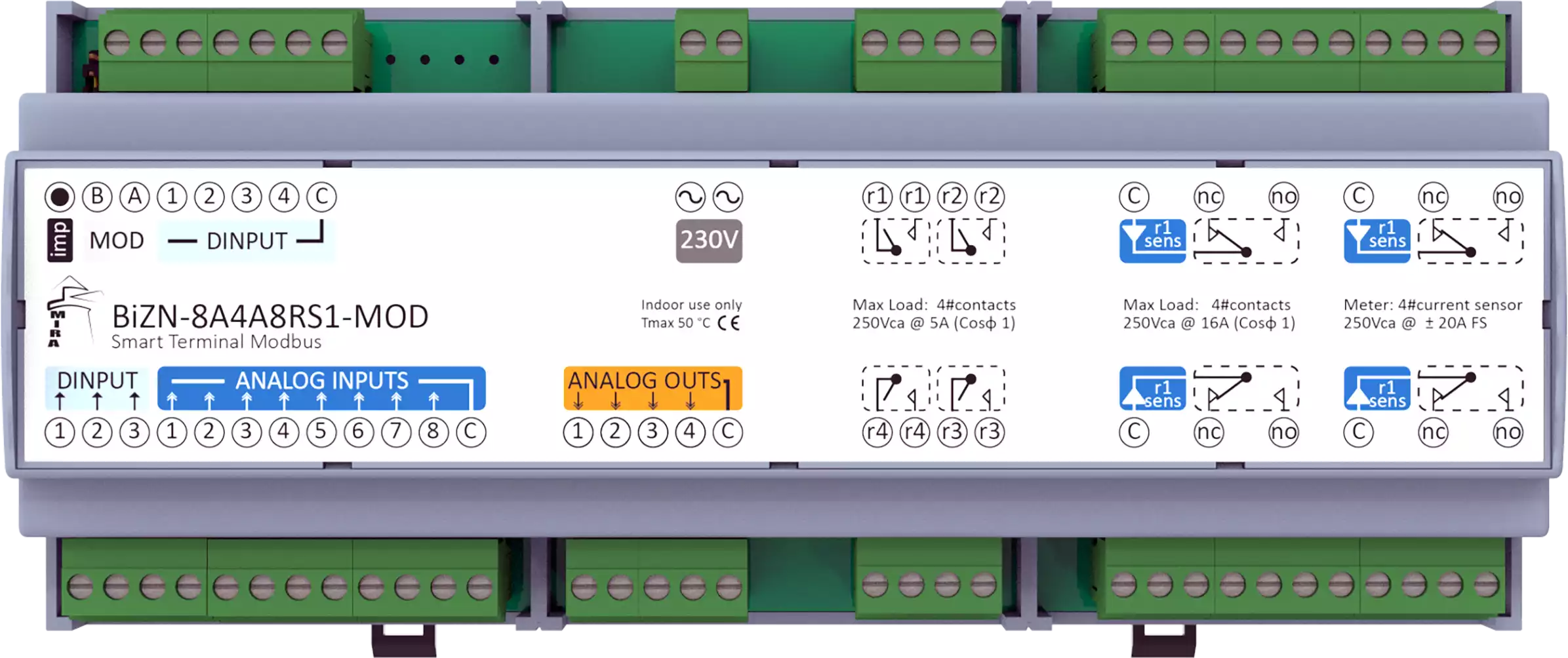 MIRA - RS485 I/O Module BeWTP-8A4A8RS1-MOD w Modbus RTU Protocol