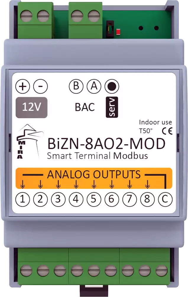 MIRA - RS485 I/O Module BeWTP-8AO2-MOD w Modbus RTU Protocol